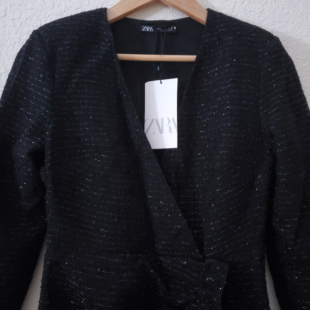 Last one! ZARA Textured Weave Tweed Mini Dress Black Size S - Picture 10 of 10